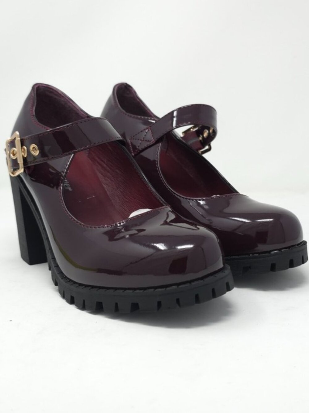 Burgundy Patent Faux Leather Mary Jane Platform Chunky Heel Lug Sole Trendy - Picture 2 of 11